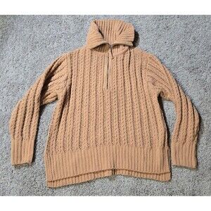 Aerie Cable Car Knit quarter zip Cowl neck sweater Camel tan oversized XS Collar